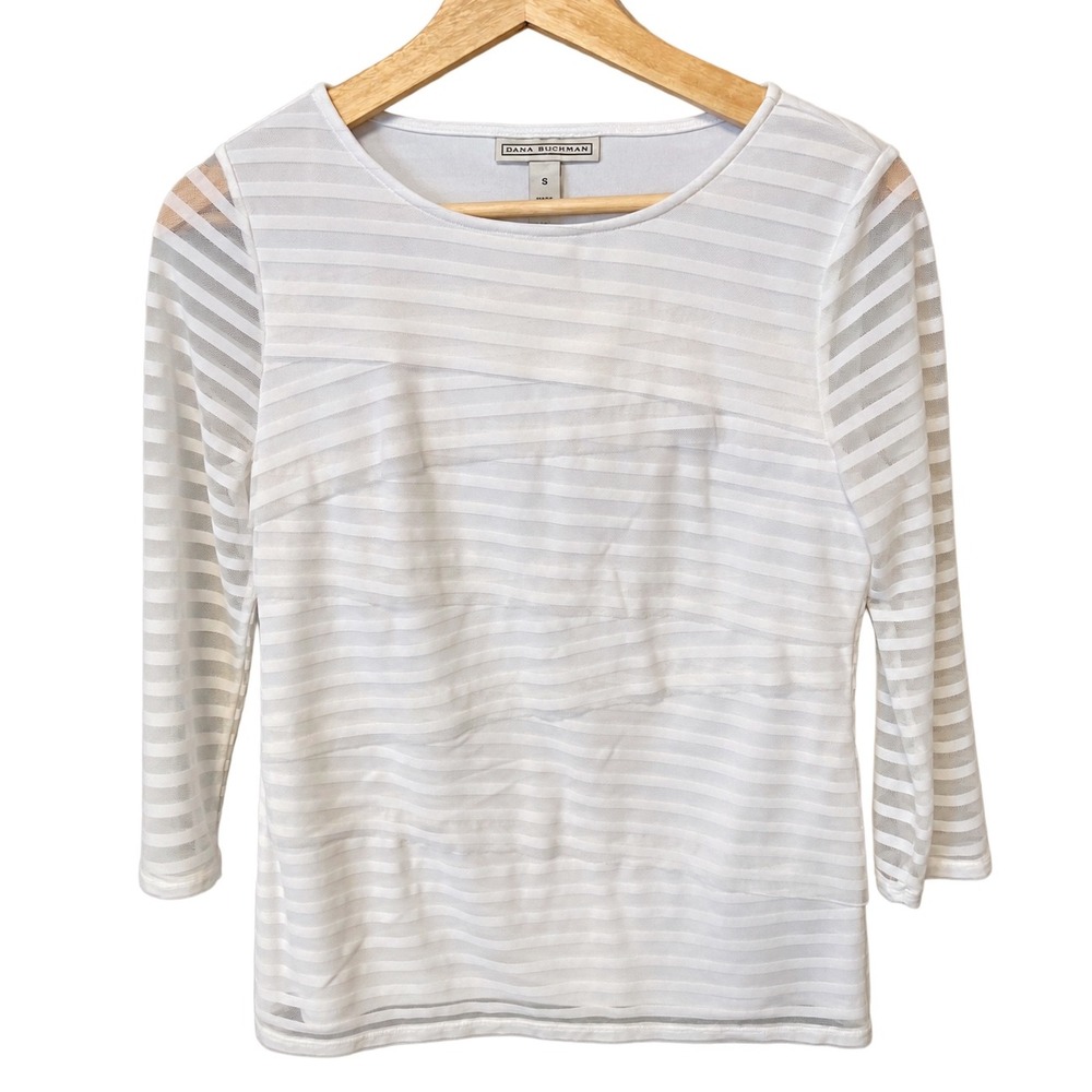 Dana Buchman Sheer Stripe Mesh Top Women S White Pre-owned 3/4 Sleeve Layered
